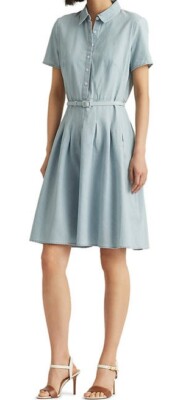 ralph lauren cotton fit and flare dress NEW LAUREN RALPH LAUREN BLUE COTTON FIT AND FLARE DRAWSTRING WAIST DRESS SIZE 16
