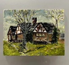 Original Plein Air Painting Vintage Tudor House Collectible Small 6”x8” Art COA