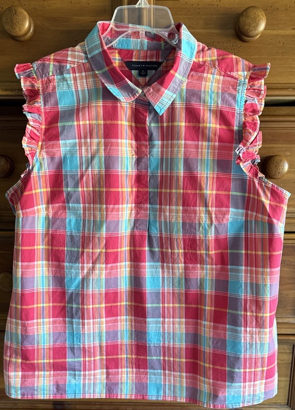 Tommy Hilfiger Flutter Sleeved Tank 1X Blue Yellow Pink Plaid Top