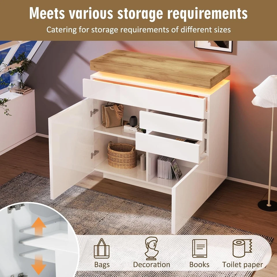 High Gloss White Sideboard with 2 Doors, 3 Drawers & RGB LED App Control - Image 3 of 4