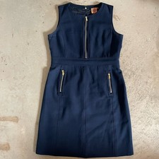 Tory Burch Navy Blue Dress Scoop Neck Sleeveless Front Zip Sheath Mariel Size 14