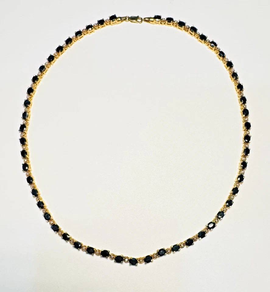 Vintage Genuine Sapphire Diamond Tennis Necklace 14K Gold Plated Sterling Silver - Image 3 of 4
