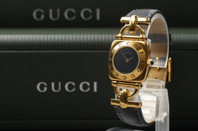 【Fast neuwertig/Box】 Gucci Horsebit 6300L Gold Schwarz Leder Damenuhr aus...