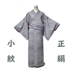 Kimono Fine Pattern Pure Silk Pongee Blue Gray Casual Used M Japan