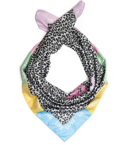 Scarf colorful leopard print HAPPY LOVE LIFE silk viscose 70x70 lightweight summer shawl - Picture 1 of 3