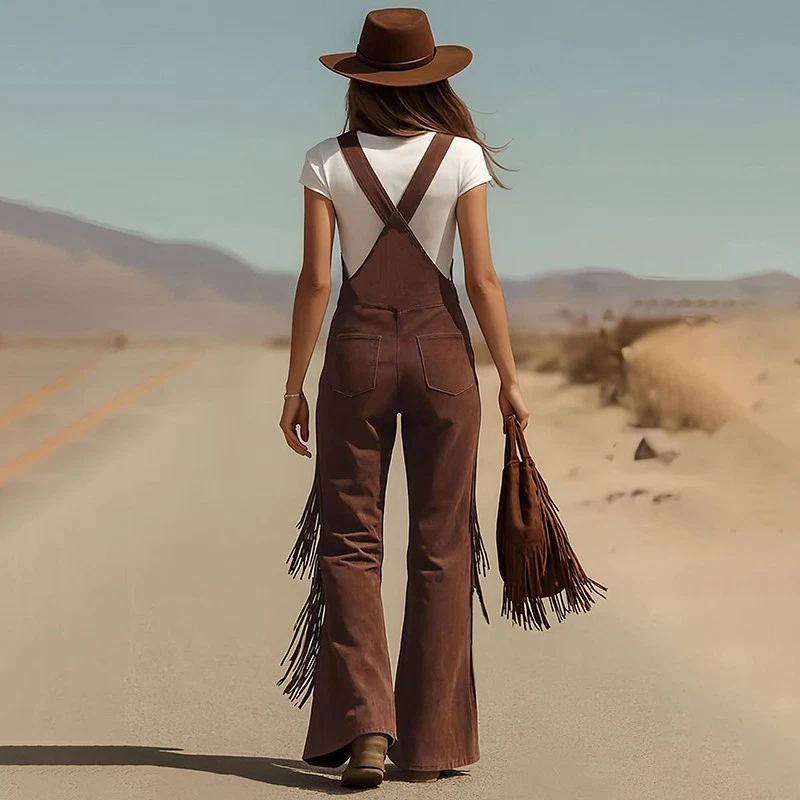 Mono para mujer color liso con flecos pierna ancha, mono estilo occidental con bolsillo Foto 2 de 4