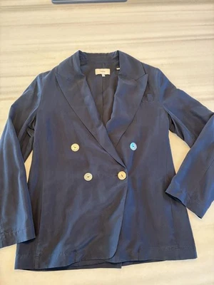 Vince Double Breasted Silk Blazer Size 2 Navy Blue Drapey