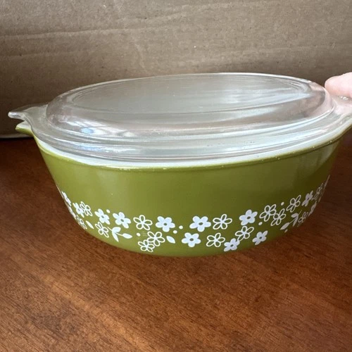 Vintage Pyrex 471 B Spring Blossom Crazy Daisy Avocado 1 pt Casserole Dish -Lid