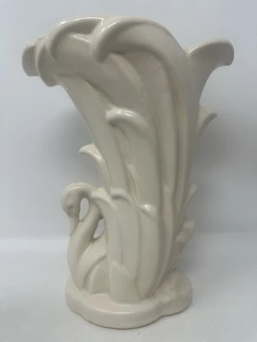 Vintage McCoy Pottery Vase "Swan in Rushes" Mid Century Creamy White 9 1/4" Tall