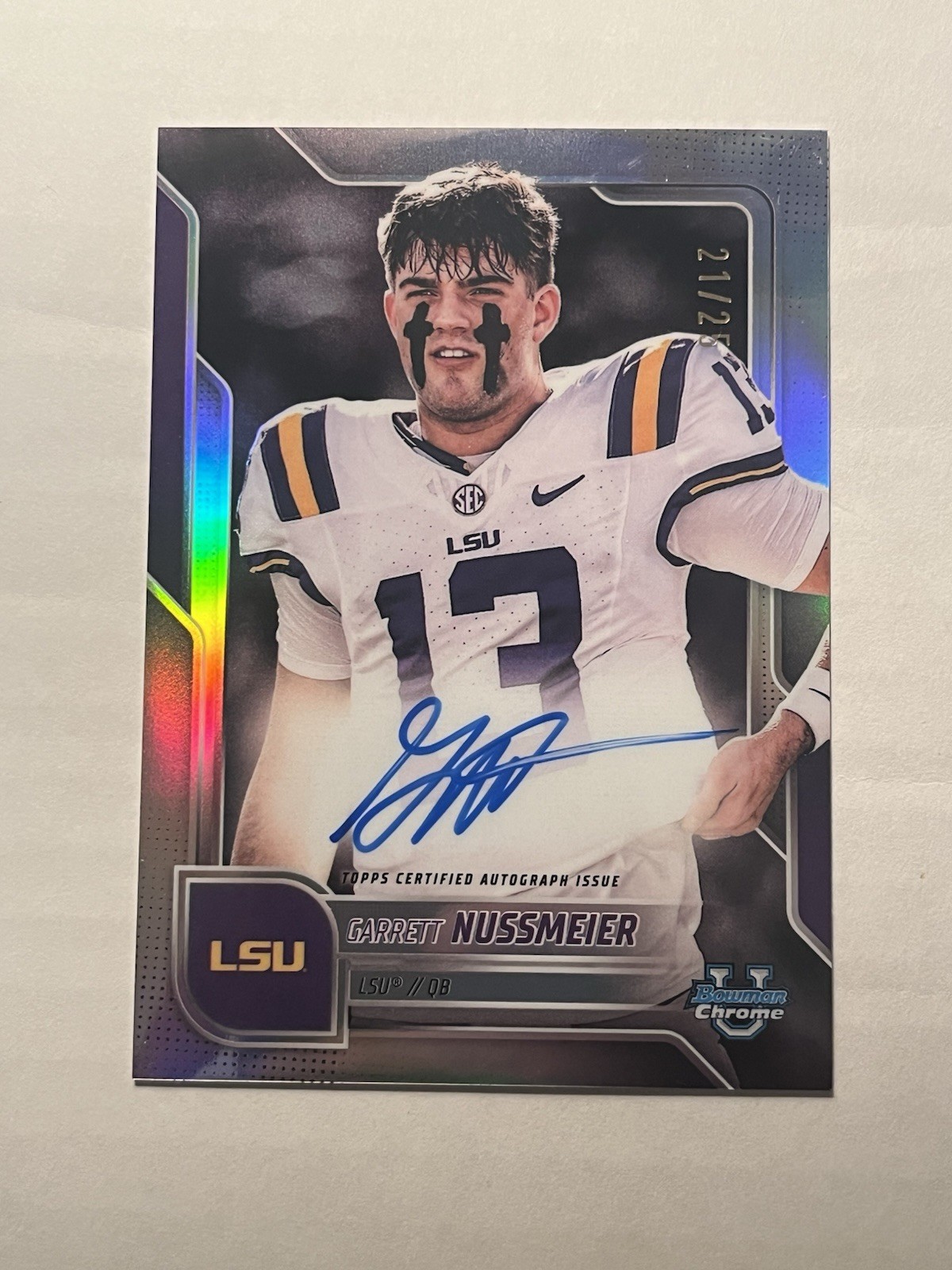 Garrett Nussmeier /25 Auto Image Variation 2025 Bowman University Chrome LSU