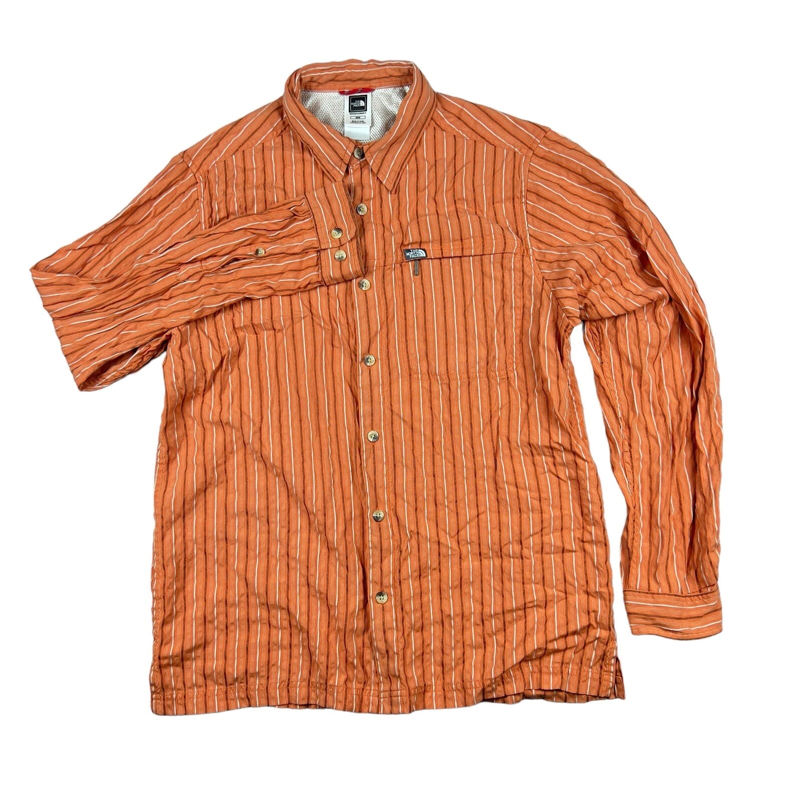 The North Face Long Sleeve Shirt Size Medium Button Up Orange Striped Outdoor