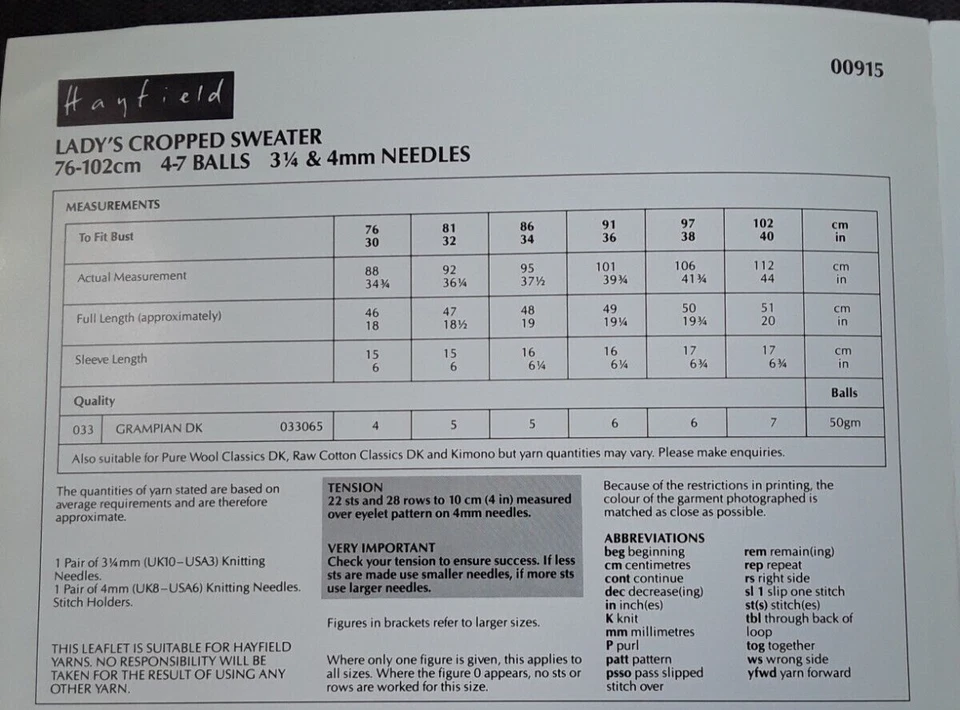 knitting pattern,  ladys cropped sweater, double knitting,  Hayfield - Image 2 of 2