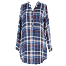 Alya Sz S Navy Blue Multi Plaid Hi Lo Roll Tab Sleeves Cotton Shirt Dress