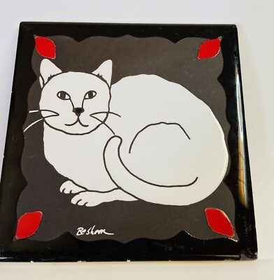 Besheer Art Tile White Cat 6 x6  Glass Enameled Clay Tile Wall Art Made in USA