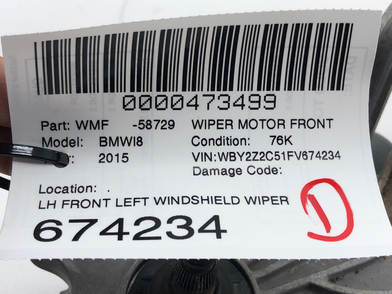 2014-2019 BMW I8 FRONT LEFT WINDSHIELD WIPER MOTOR OEM 2015 2016 2017 2018