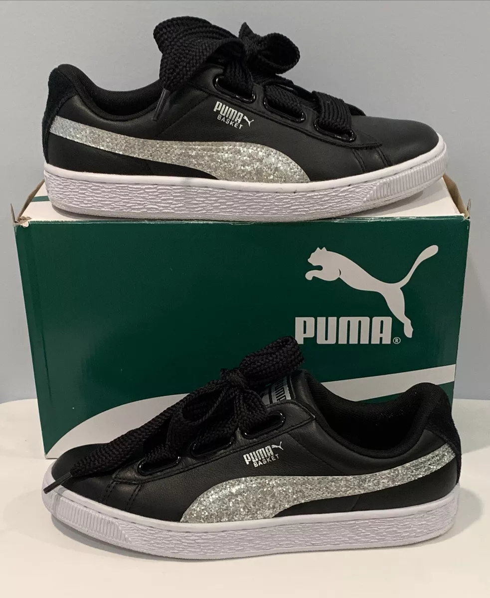 Womens Puma Basket Heart Glitter Sneakers Size Black &amp; Silver Used Once w/ Box | eBay