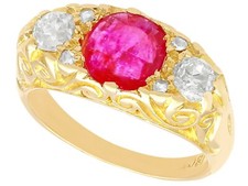 1.15 ct Burmese Ruby and 1.36 ct Diamond 18 ct Yellow Gold Trilogy Ring Antique