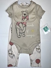 Disney Pooh Bear Baby 3pc Set 0-3 Mon Bodysuit Leggings Bib Beige Brown Red NWT