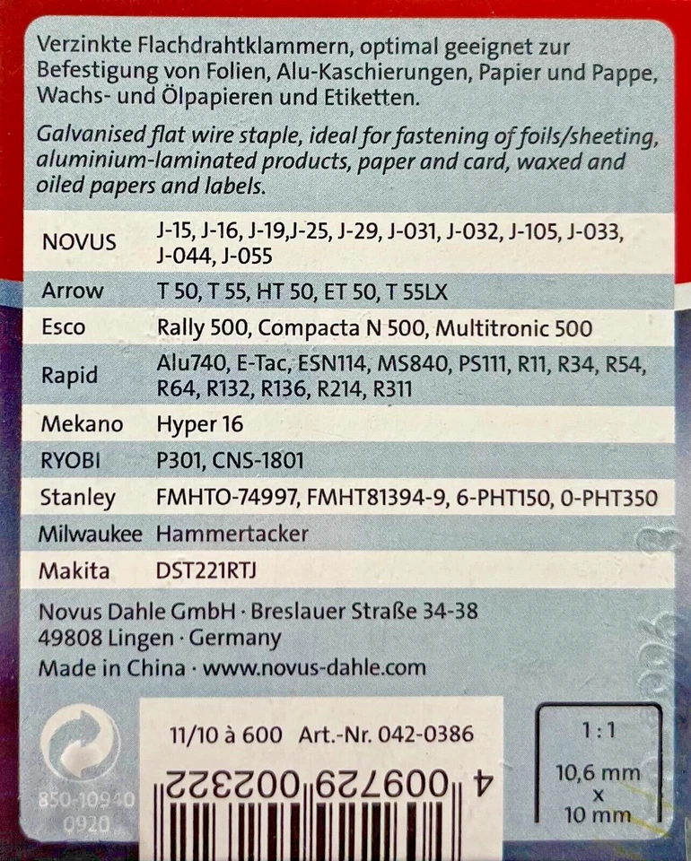 2x 600 Tackerklammern Novus Typ G 10mm 10 x 10,6 mm Heftklammern # 042-0386 - Bild 2 von 2