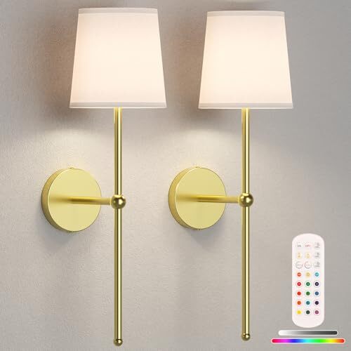Battery Operated Wall Sconces Set of Two, Gold Rechargeable Wall Lights