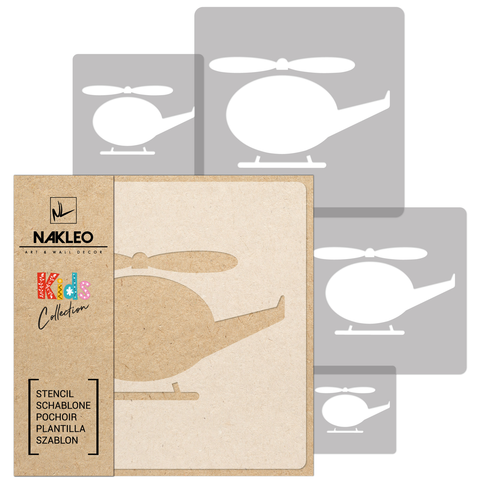 5x reusable PLASTIC Stencils / 34x34cm to 9x9cm / Nursery Template // HELICOPTER