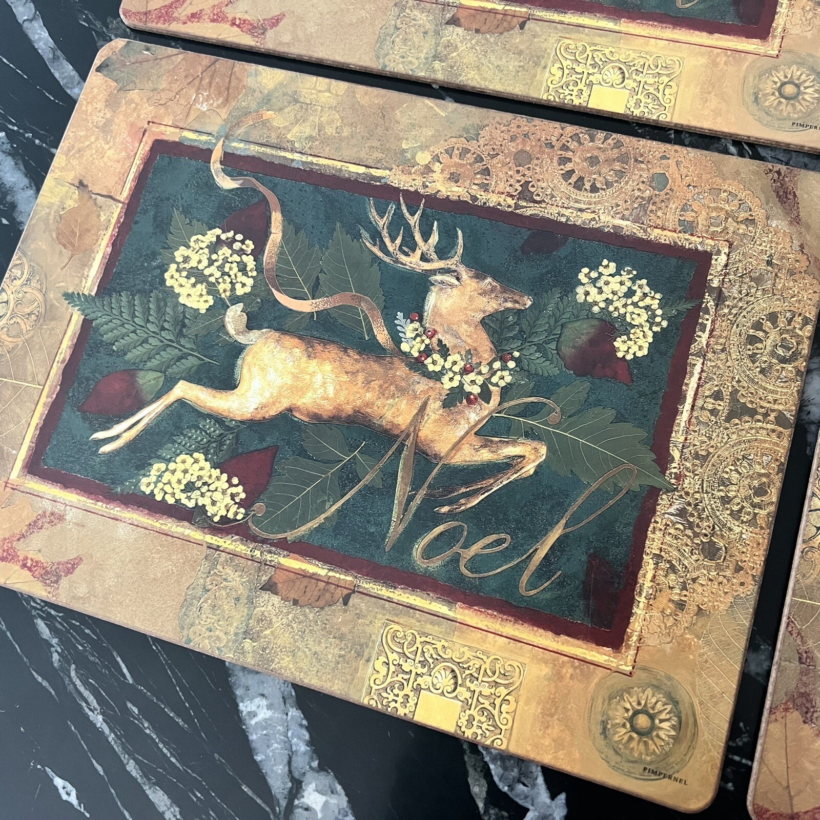 Vintage Pimpernel Placemats Set 8 Noel Reindeer Gold Green Holiday