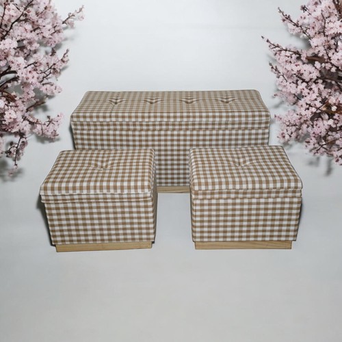 Extra Large Beige Checked Linen Storage Stool Set 3 with Lift-Up Lids, Foam Fill - Picture 3 of 6