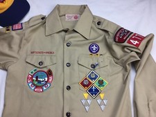 BOY SCOUTS OF AMERICA TAN YOUTH L LG 14-16 LONG SLEEVE SHIRT AS IS W/ PATCHES