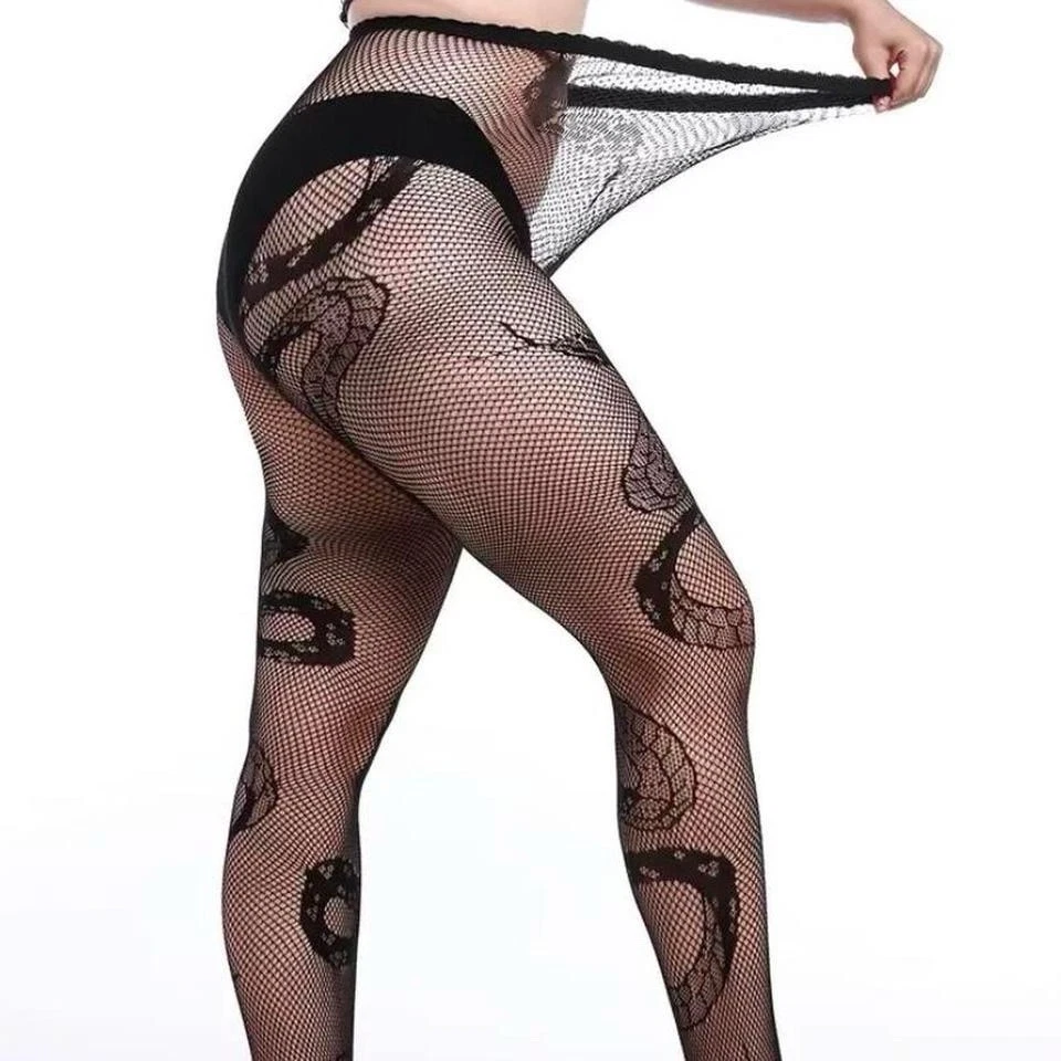 Medias de malla con estampado de serpiente, medias de red jacquard talla grande gótico punk Foto 3 de 4