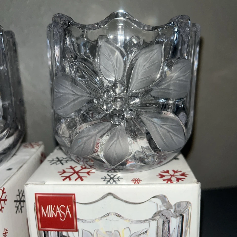 2 soportes para velas votivas Mikasa festivas Poinsetta caramelo nuez vacaciones, vidrio transparente Foto 2 de 4