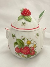 Lenox Fine  Porcelain~ Strawberry ~ Jelly Jam Jar with Lid & Spoon 1991
