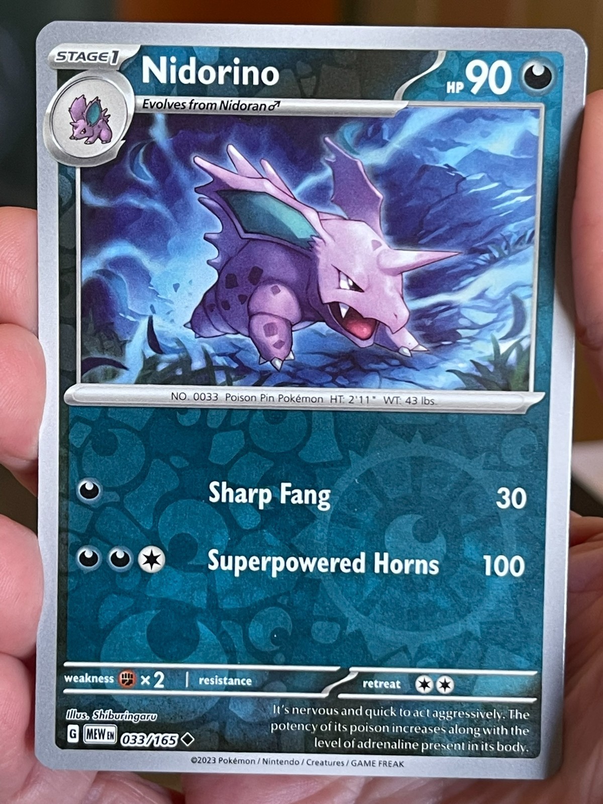 POKEMON NIDORINO 033/165 UNCOMMON REVERSE HOLOFOIL SCARLET & VIIOLET 151 NM CARD