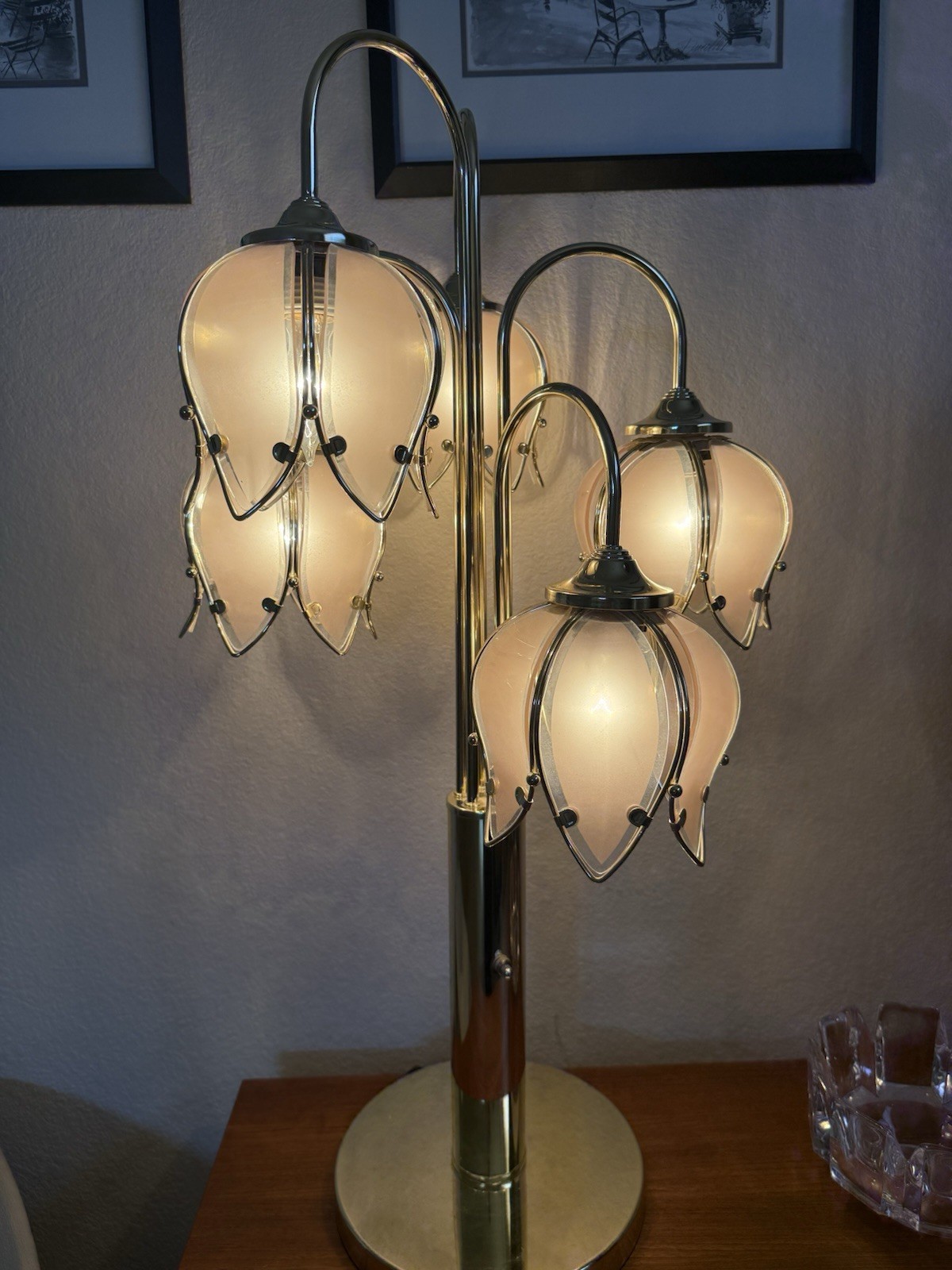 Vintage Art Deco Hollywood Regency Pink Tulip Waterfall Table Lamp Anthony Cali