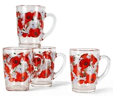 STPGOODS Poppies and Daisies Glass Mug Set of 4 Tea Coffee Mug Set [4x11 oz]