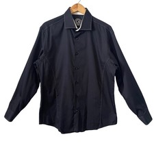 Bugatchi Men Lg Black Shaped Fit Long Sleeve Button Down Shirt Contrast Stitch