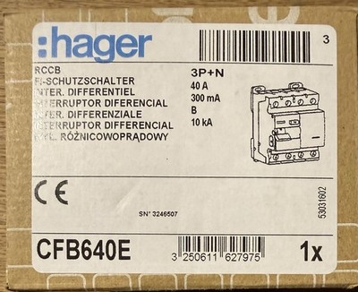 Hager CFB640E 4-polig 10kA 40A 300mA Typ B Fehlerstromschutzschalter NEU