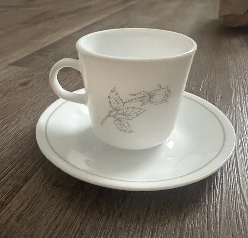 Corelle Corning Coffee Cups & Saucer Gray Rose Glass Suprema Set Of 8