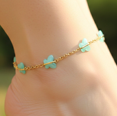 Handmade 18K Gold Sea Green Butterfly Anklet   Dainty Minimalist Foot Chain