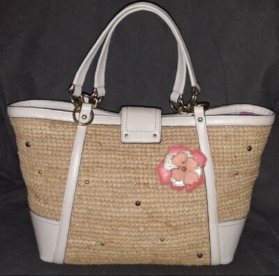R,Sショップ COACH 19347 Hamptons Straw White Coral Leather & Studs Shopper Med