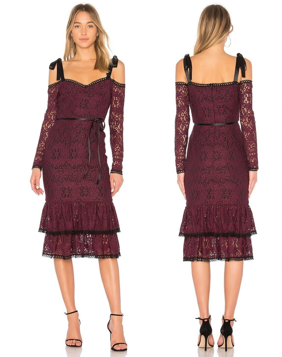 Vestido Alexis Sophia Midi Borgoña Medio Encaje Cinturón Nuevo con Etiquetas