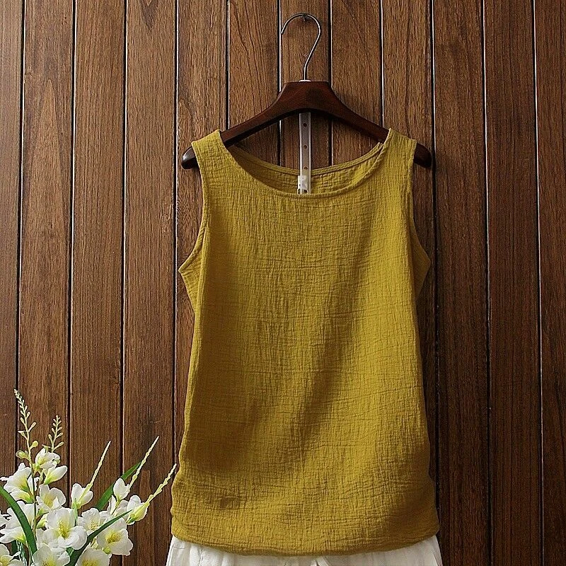 Mujeres Lino Algodón Chaleco Sin Mangas Top Retro Correa Camisola Camiseta Camiseta Camiseta Camiseta sin Mangas Foto 4 de 4