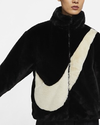 Nike Ladies Oversized Faux Fur Swoosh Logo Jacket ~ CU6558 010