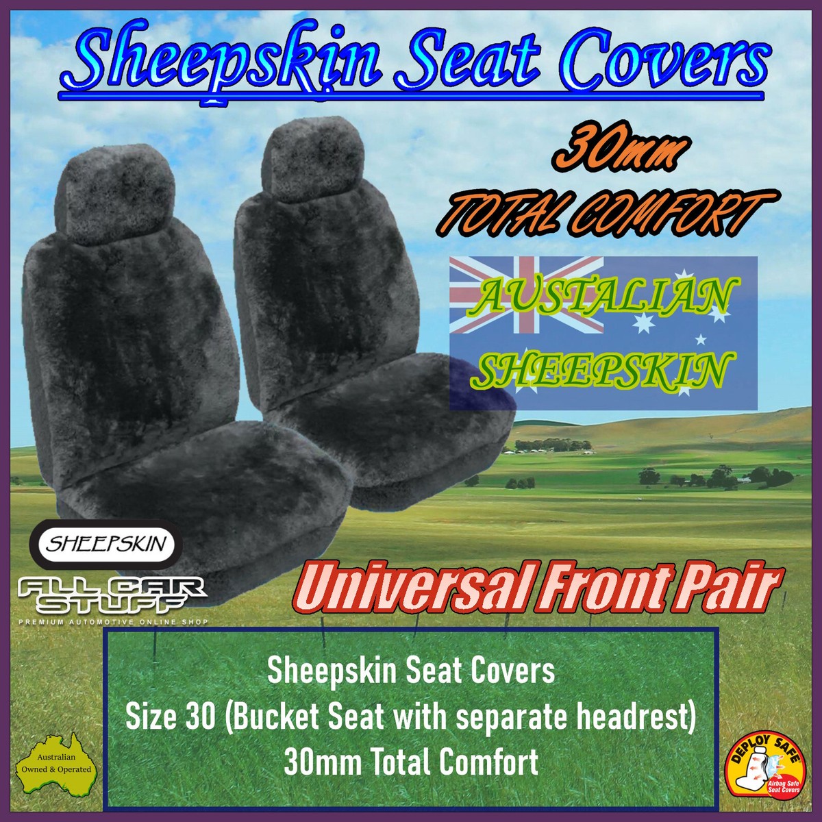 Front Pair Charcoal Grey Sheepskin Seat Covers 30mm Total