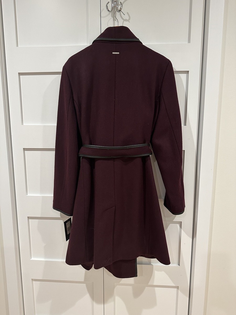 DKNY Faux Leather Trim Wrap Belted Jacket Coat Wool Burgundy Wine