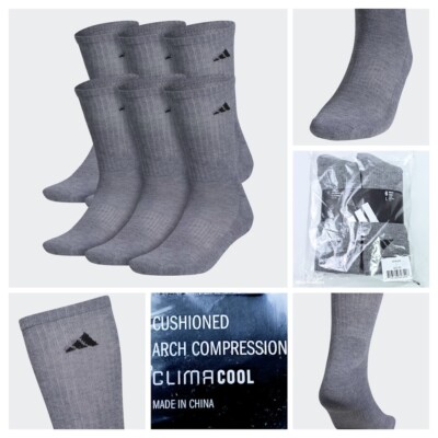 US 6-12 L Men's 6 Pairs Adidas Crew Socks Grey Heather New Cushioned Arch Drying