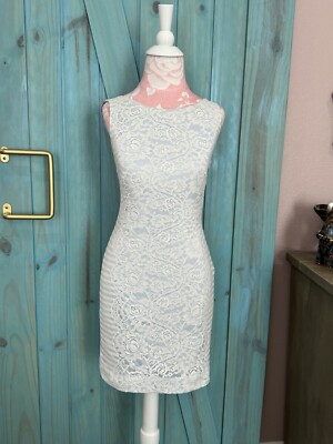 jessica simpson bodycon dresses Jessica Simpson L Blue/White Laced Floral Bodycon Mini Dress -2