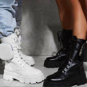 Womens Punk Chunky Zipper Ankle Boots Pu leather Motorcycle High Heel Shoes