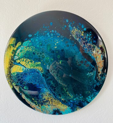 Acryl Pouring Holz 40cm, veredelt mit Resin, handgemaltes Unikat in Blau & Grün