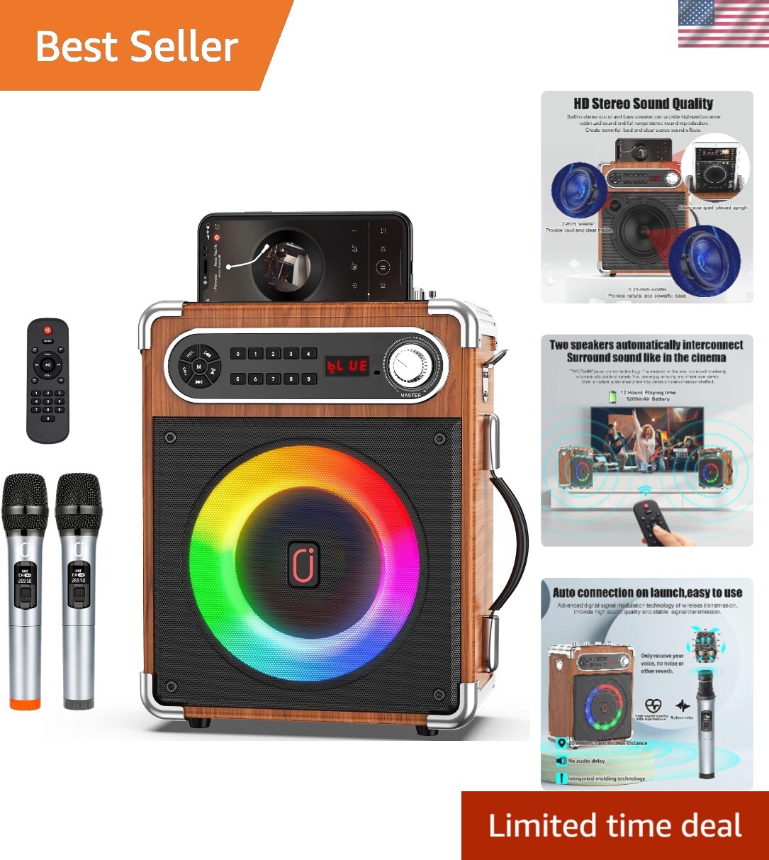 Bluetooth Speaker with Two Wireless Microphones, Outdoor Speaker with Subwoof...-image