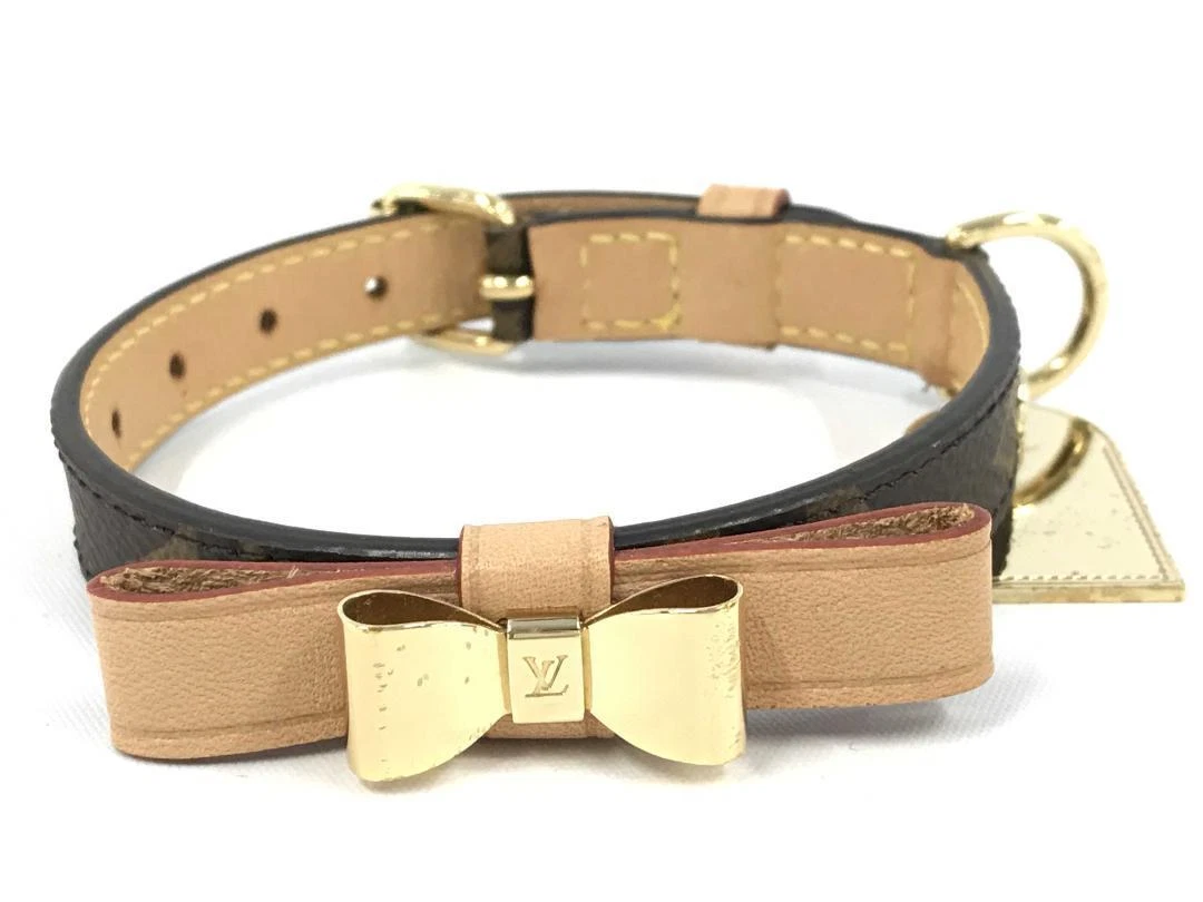 LOUIS VUITTON Baxter XS Monogram Dog Collar God Ribbon Brown Pet